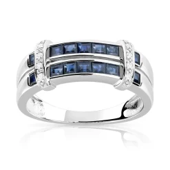 Bague or 750 blanc double anneau saphirs carrés et diamants