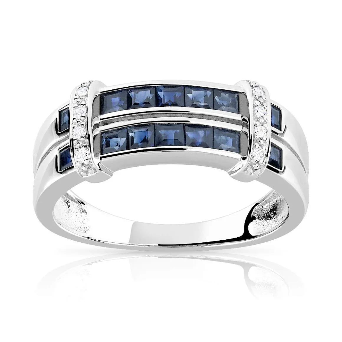 Bague or 750 blanc double anneau saphirs carrés et diamants