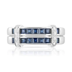 Bague or 750 blanc double anneau saphirs carrés et diamants