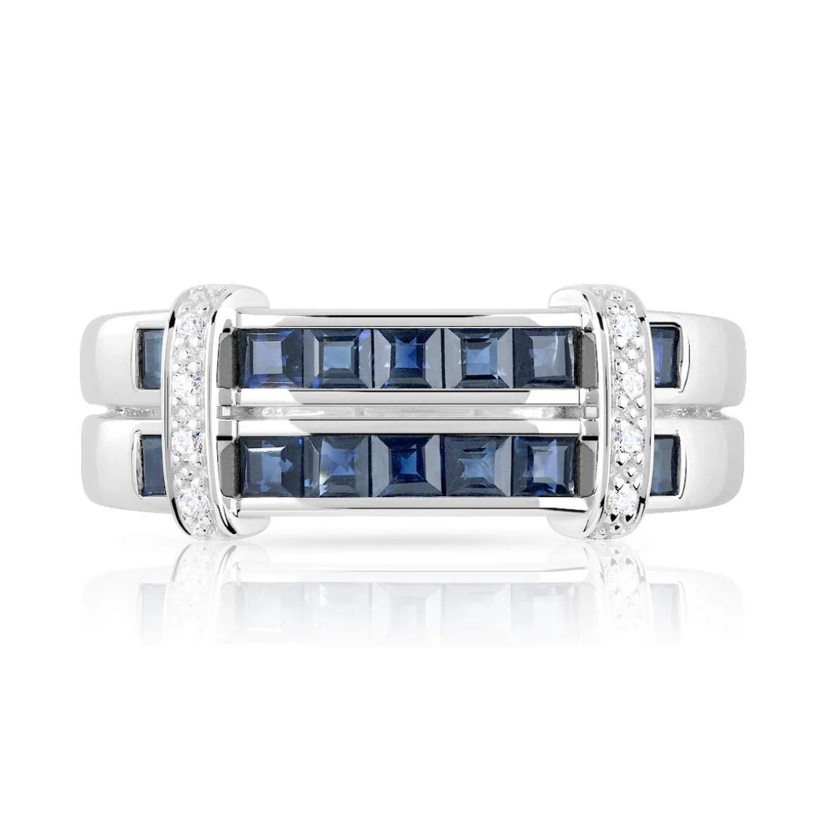 Bague or 750 blanc double anneau saphirs carrés et diamants
