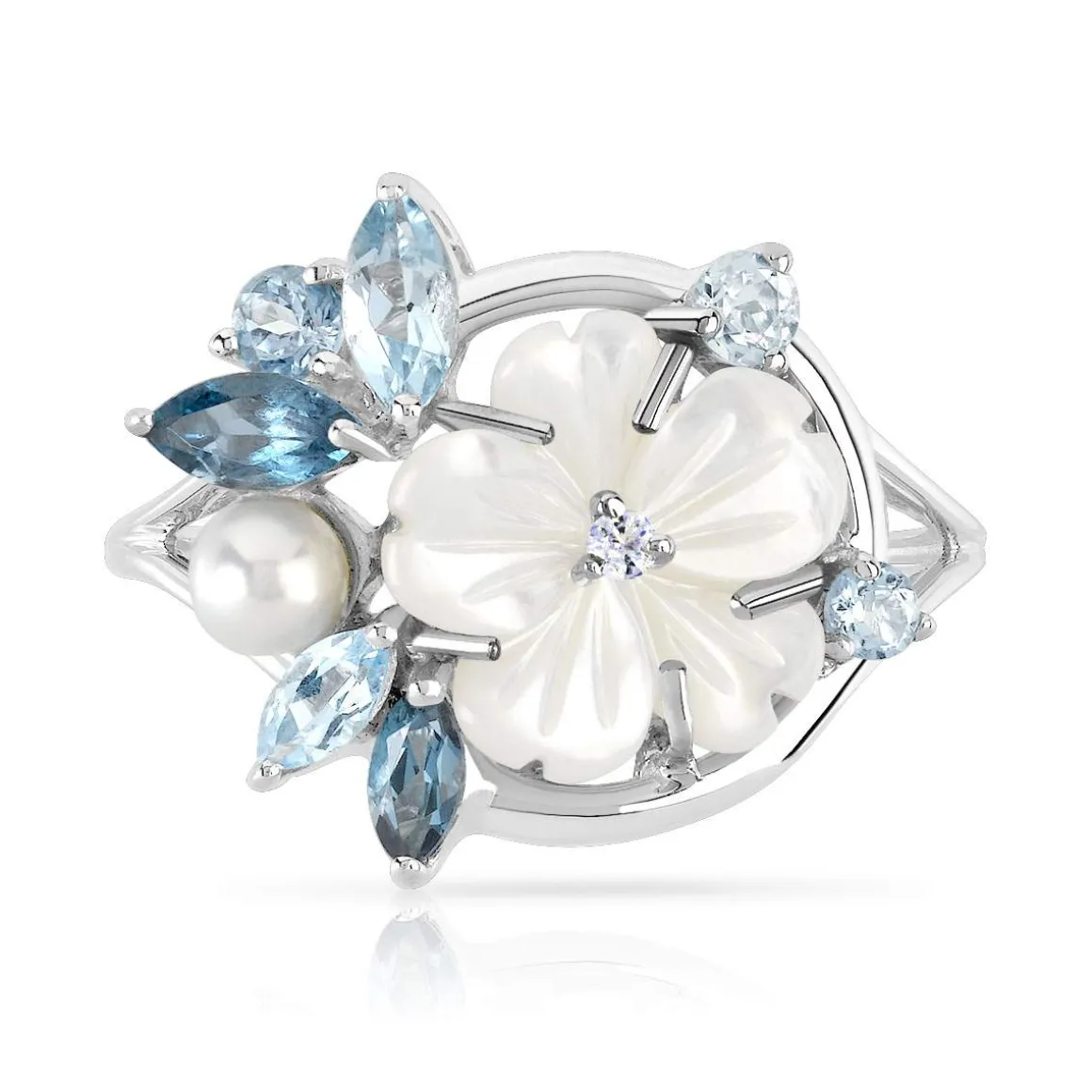Bague or 375 blanc fleur pierres fines, nacre et perle de culture de Chine