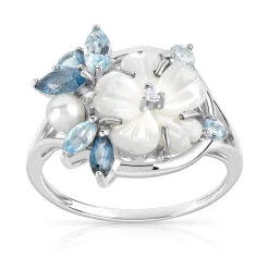 Bague or 375 blanc fleur pierres fines, nacre et perle de culture de Chine