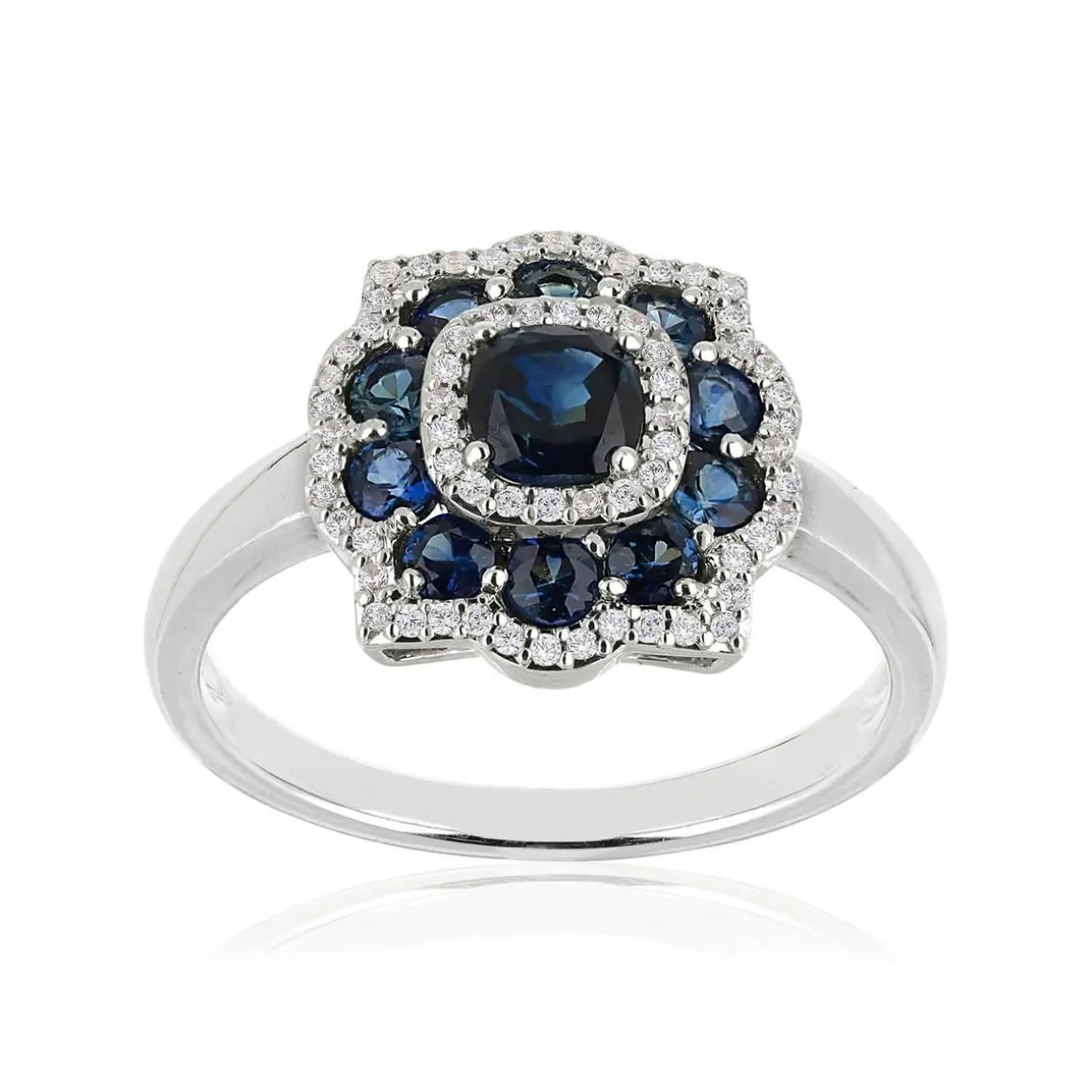 Bague or 750 blanc fleur saphirs et diamants