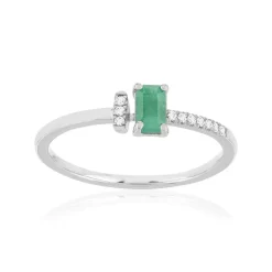 Bague or 750 blanc émeraude diamants