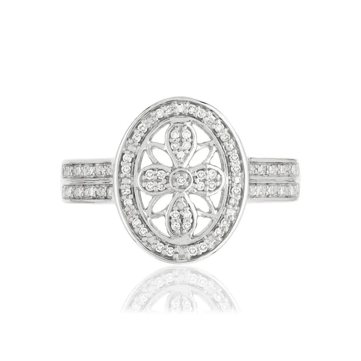 Bague or 375 blanc ovale ajourée diamants
