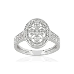 Bague or 375 blanc ovale ajourée diamants