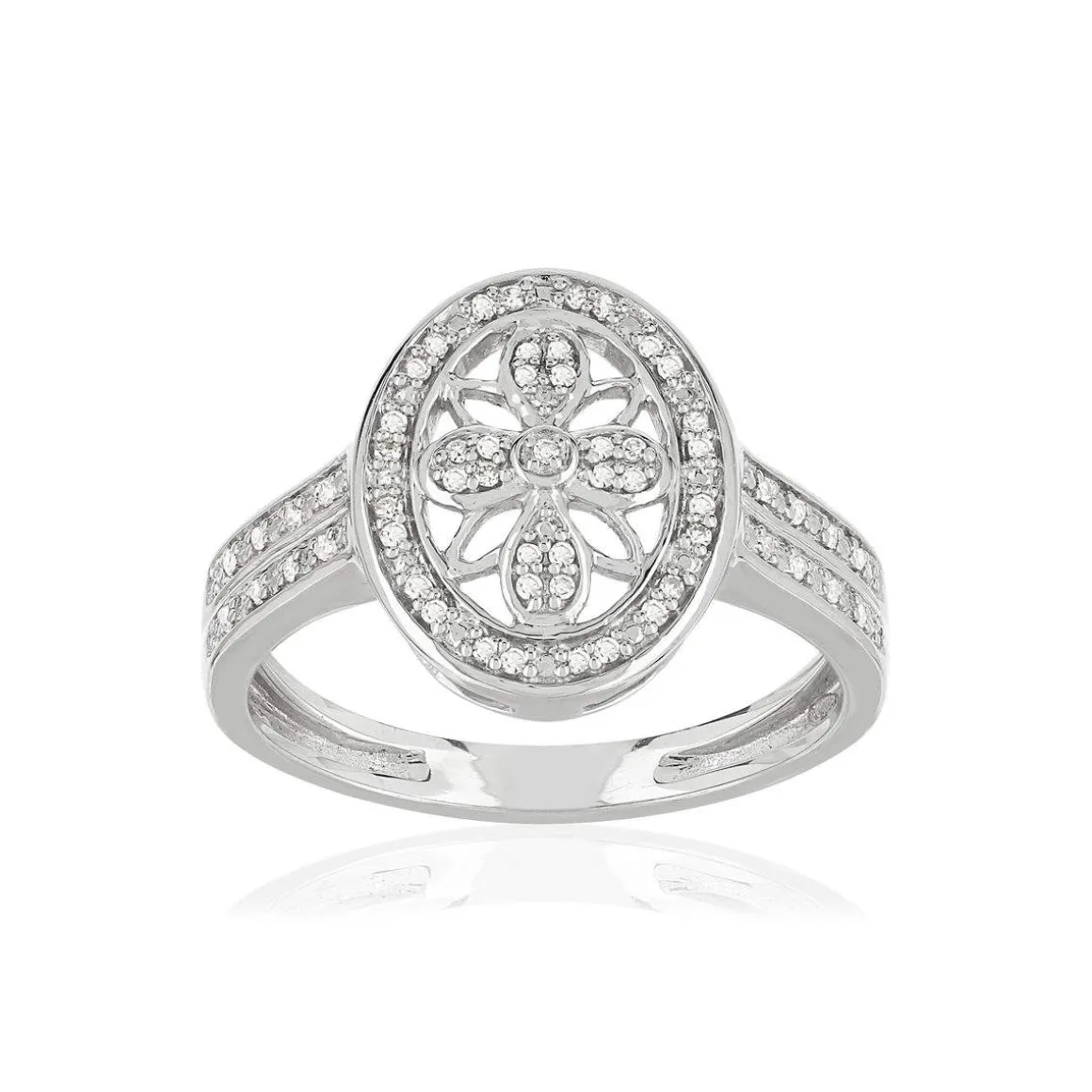 Bague or 375 blanc ovale ajourée diamants