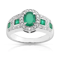 Bague or 750 blanc ovale émeraudes et diamants