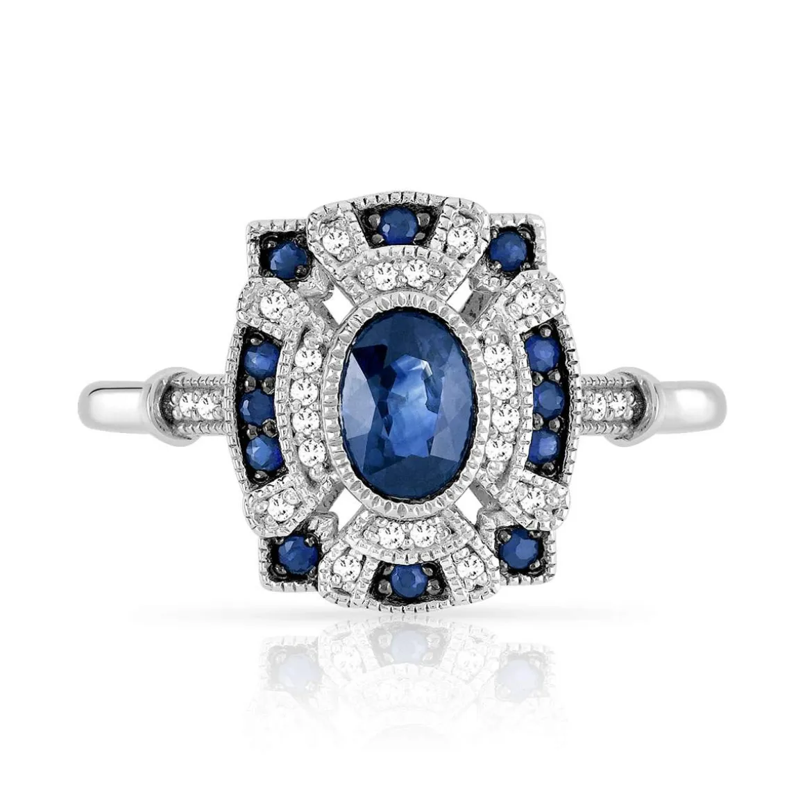 Bague or 750 blanc ovale saphirs et diamants