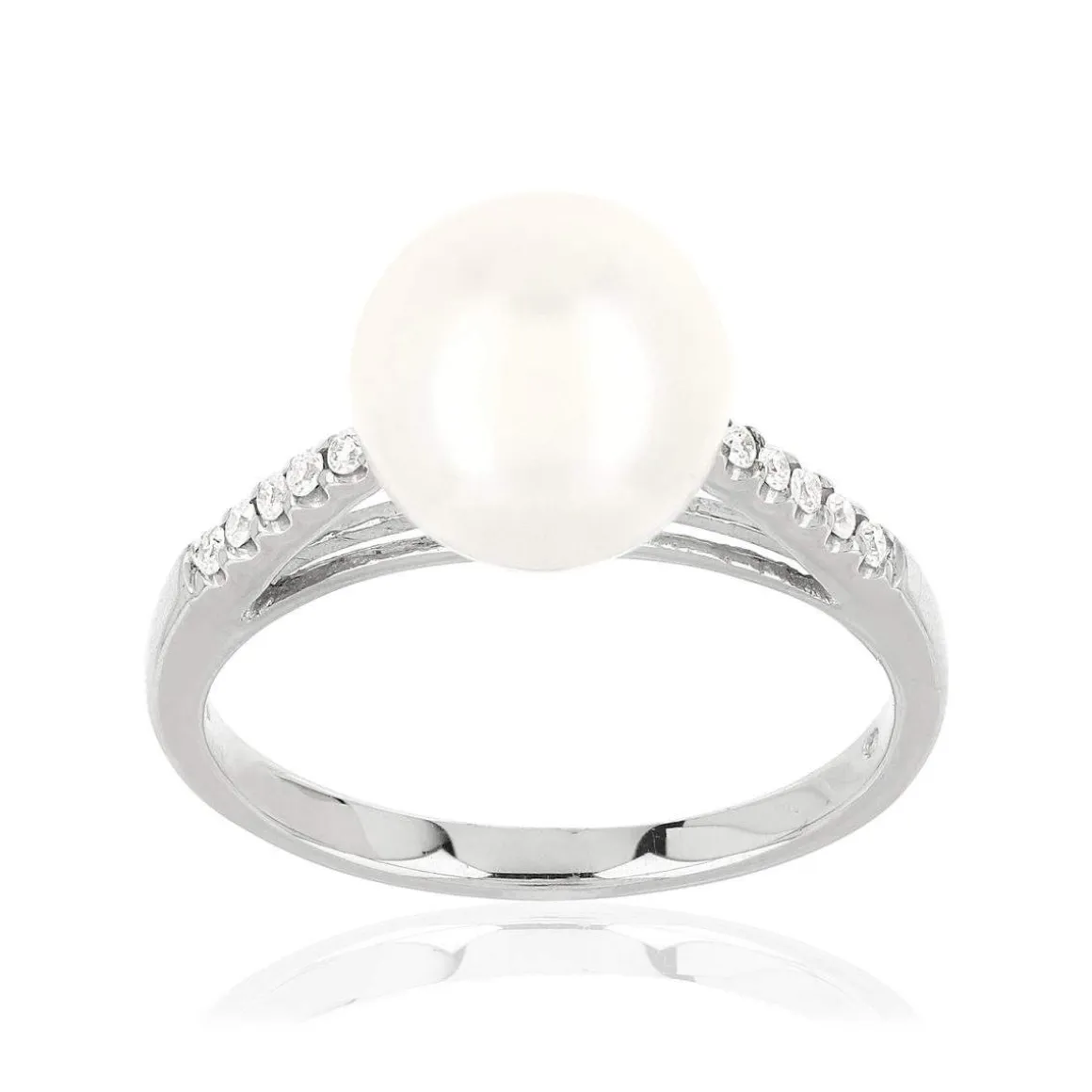 Bague or 375 blanc perle de culture de Chine et diamants