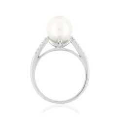 Bague or 375 blanc perle de culture de Chine et diamants