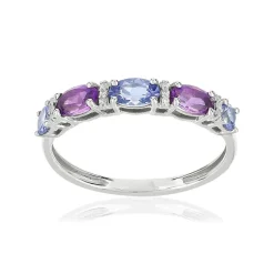 Bague or 375 blanc pierres fines et diamants