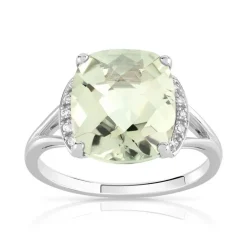 Bague or 375 blanc quartz vert carrée et diamants