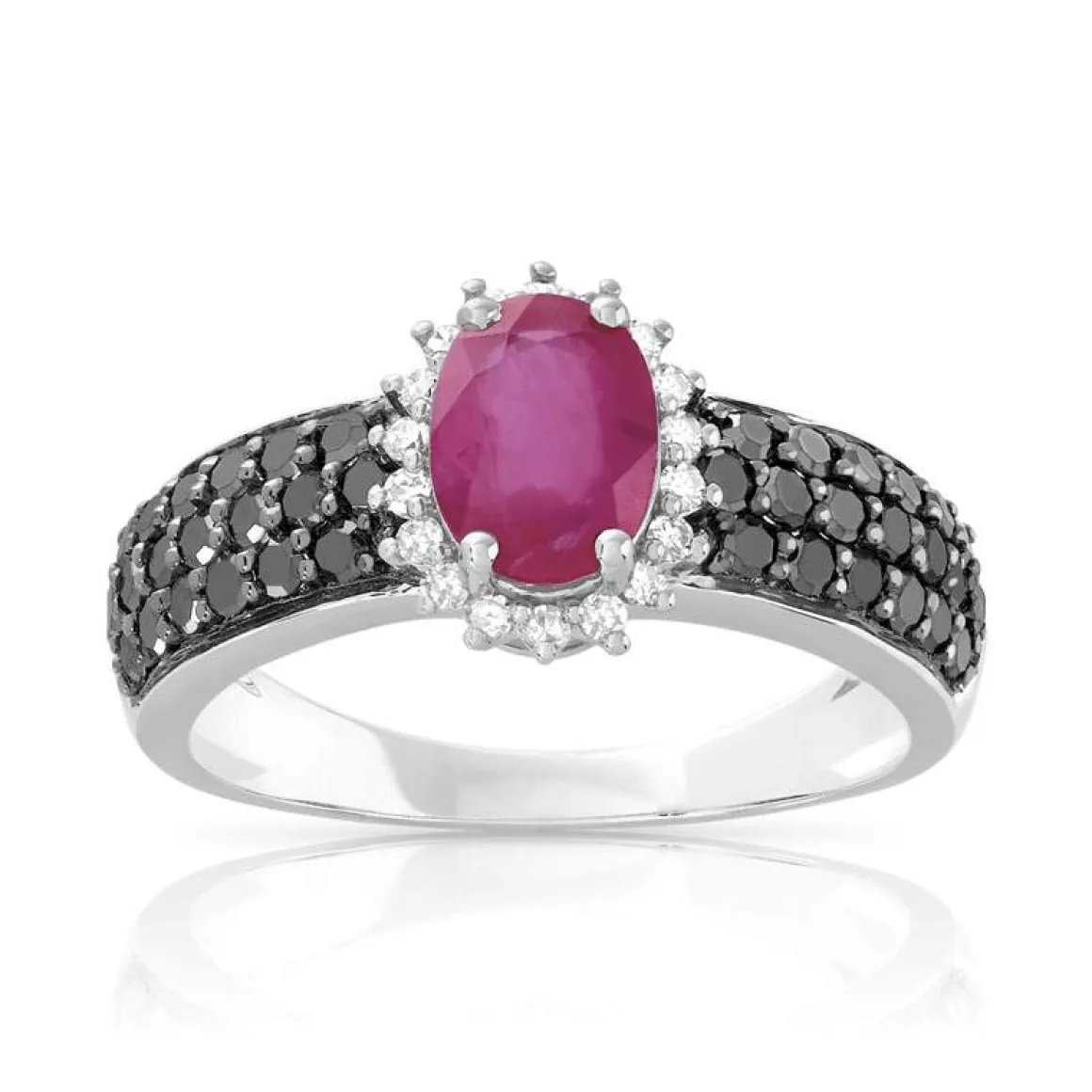 Bague or 750 blanc rubis ovale et diamants noirs traités et diamants blancs