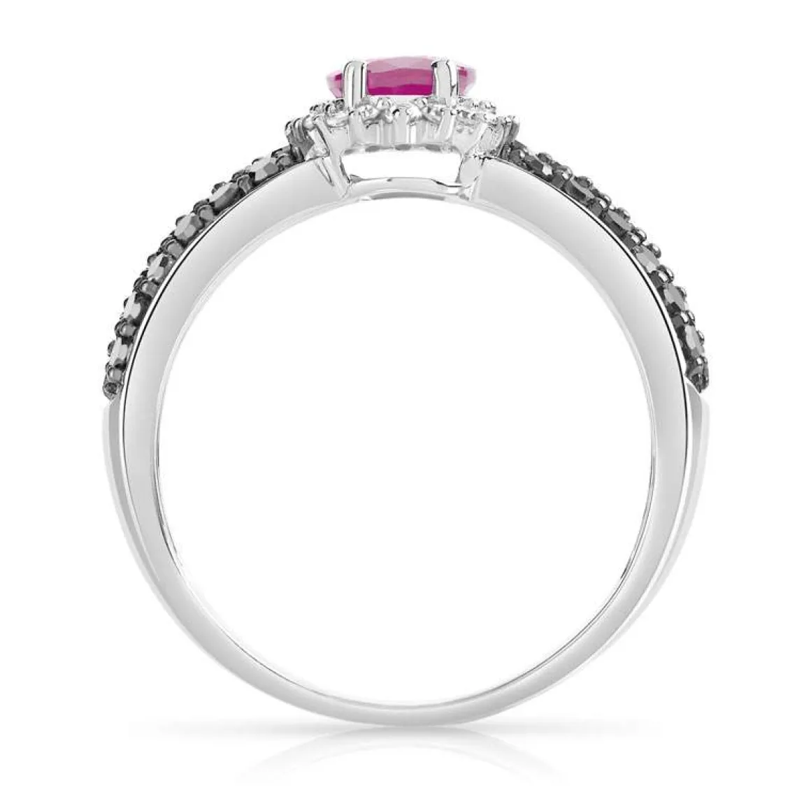 Bague or 750 blanc rubis ovale et diamants noirs traités et diamants blancs