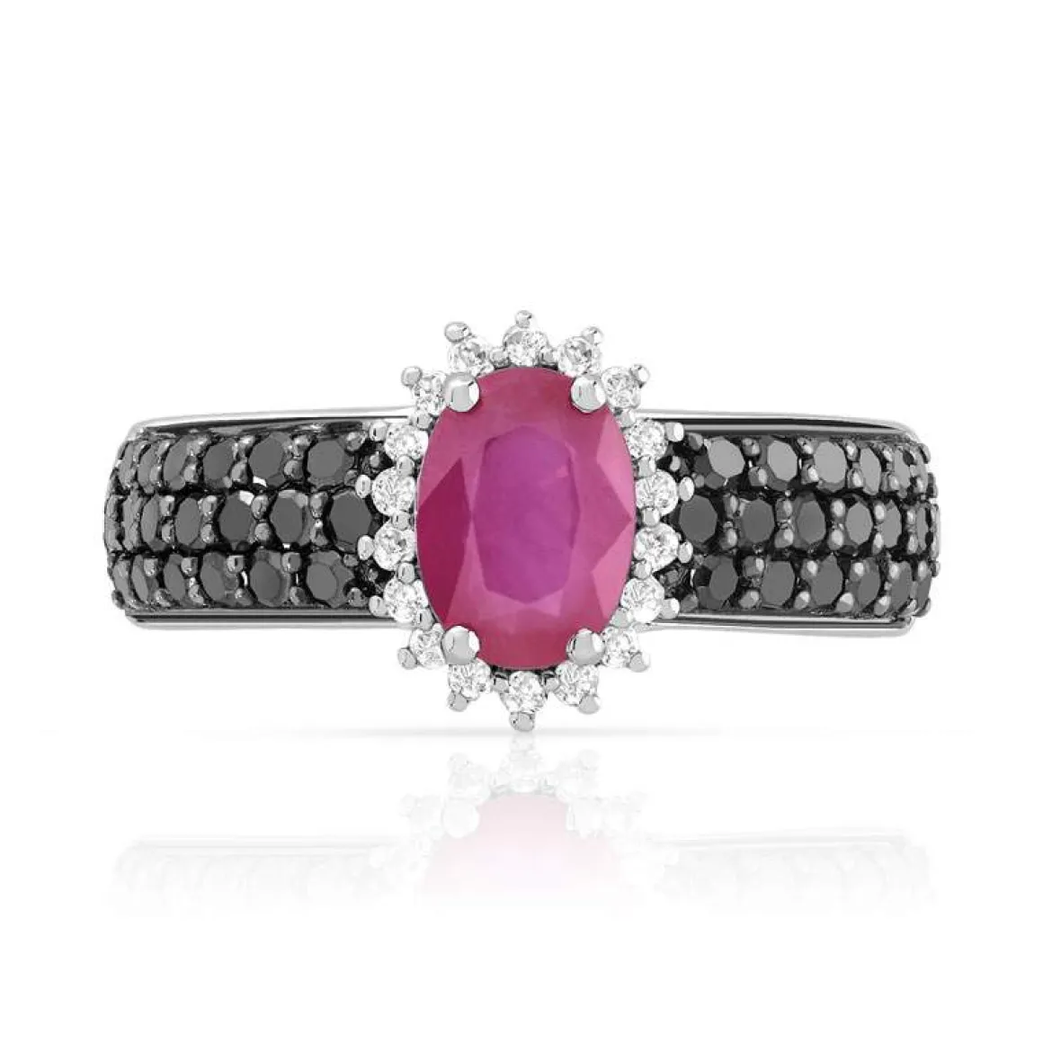 Bague or 750 blanc rubis ovale et diamants noirs traités et diamants blancs