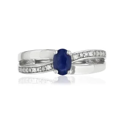 Bague or blanc 375 saphir ovale et diamants