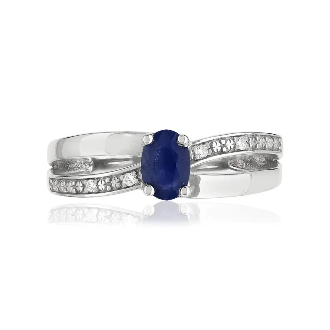 Bague or blanc 375 saphir ovale et diamants