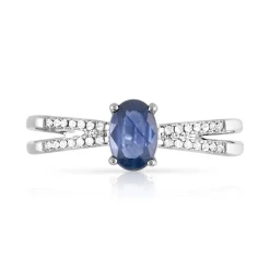 Bague or 375 blanc saphir ovale et diamants