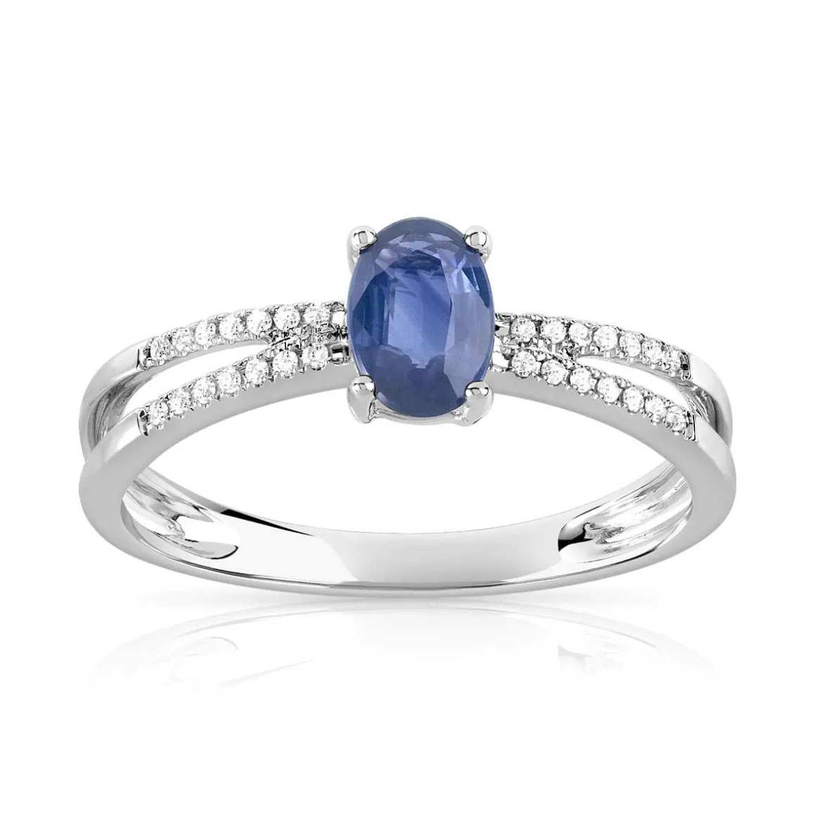 Bague or 375 blanc saphir ovale et diamants