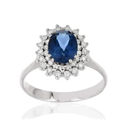 Bague or 750 blanc saphir ovale et diamants