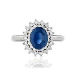 Bague or 750 blanc saphir ovale et diamants