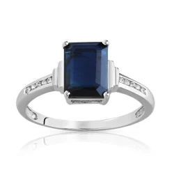 Bague or 750 blanc saphir rectangulaire et diamants