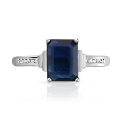 Bague or 750 blanc saphir rectangulaire et diamants