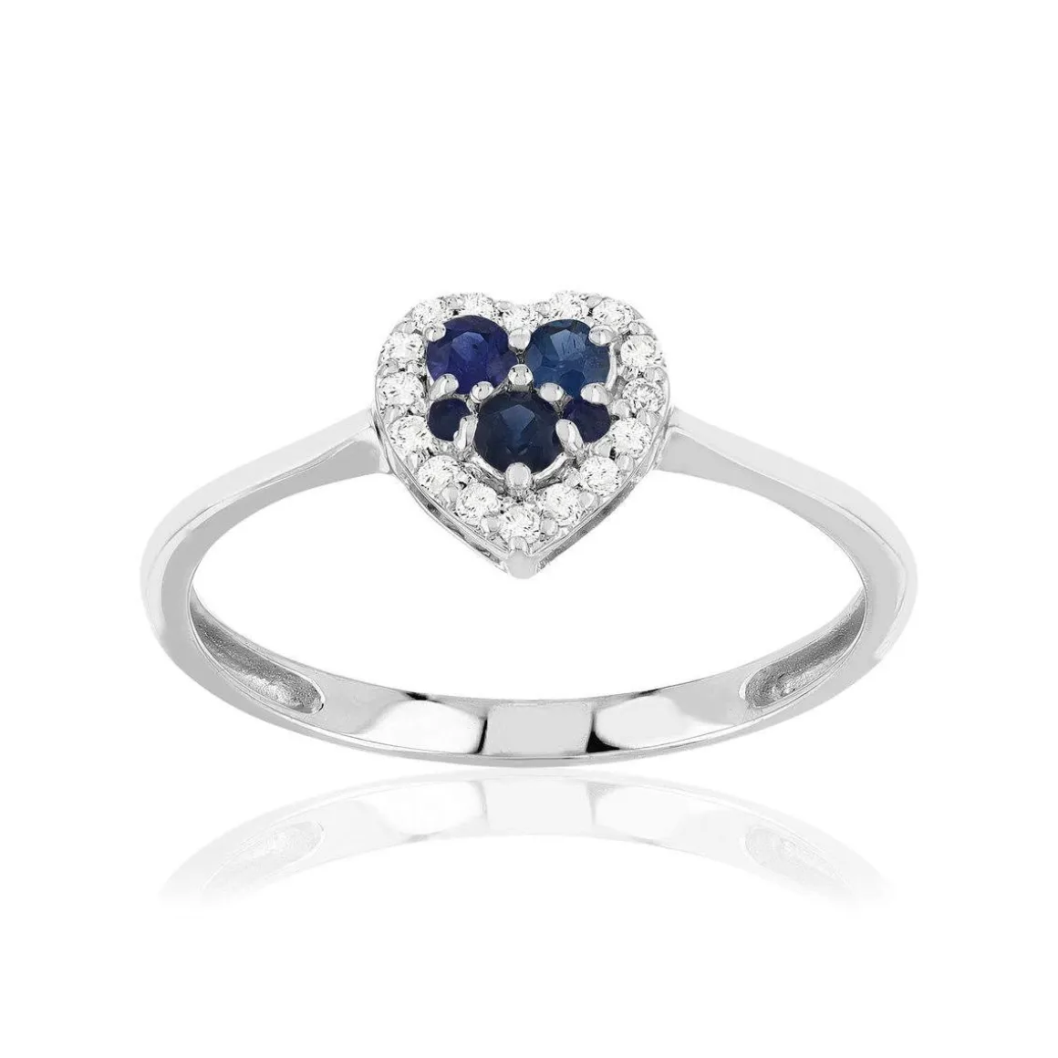 Bague or 375 blanc saphirs diamants motif coeur