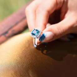 Bague or blanc 375 topaze London Blue traitée zirconias