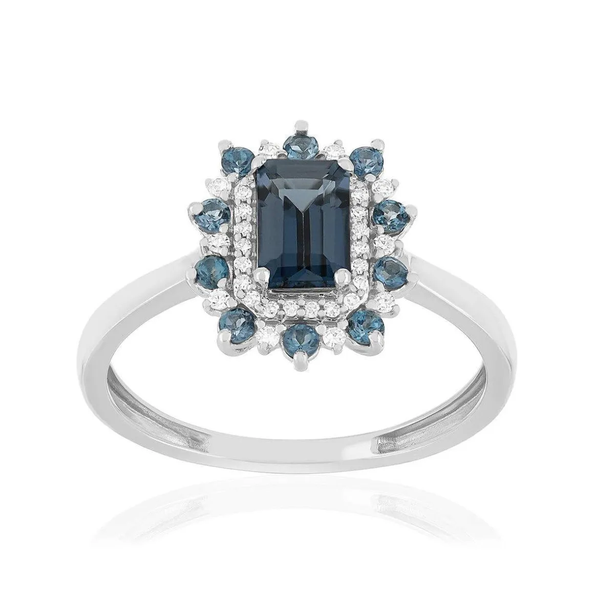 Bague or 375 blanc topazes bleues traitées et diamants
