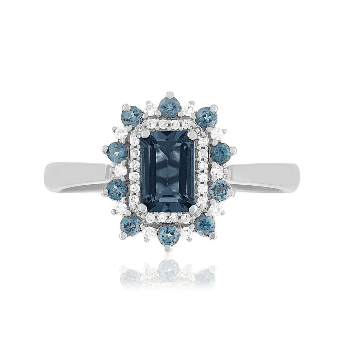 Bague or 375 blanc topazes bleues traitées et diamants