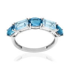 Bague or 750 blanc topazes traitées London Blue et Sky Blue