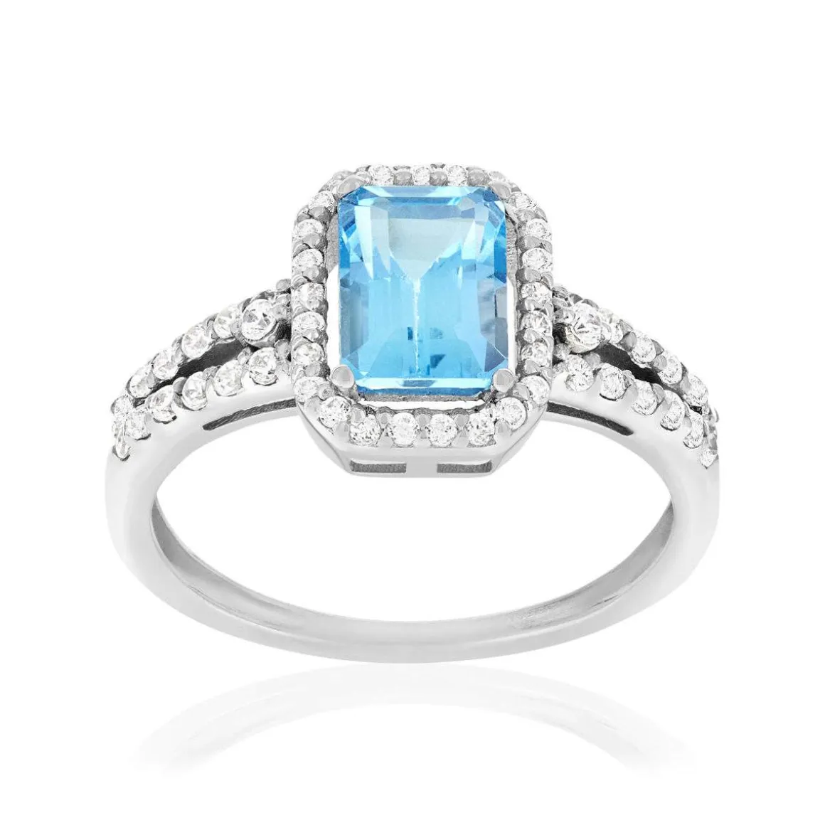 Bague or 750 blanc topaze traitée sky blue et zirconias