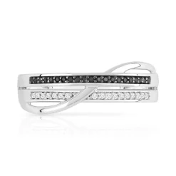 Bague or 375 blanc triple anneau diamants noirs traités et diamants blancs