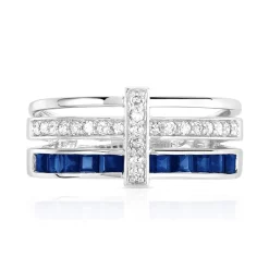 Bague or 750 blanc triple anneau saphirs carrés et diamants
