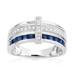 Bague or 750 blanc triple anneau saphirs carrés et diamants