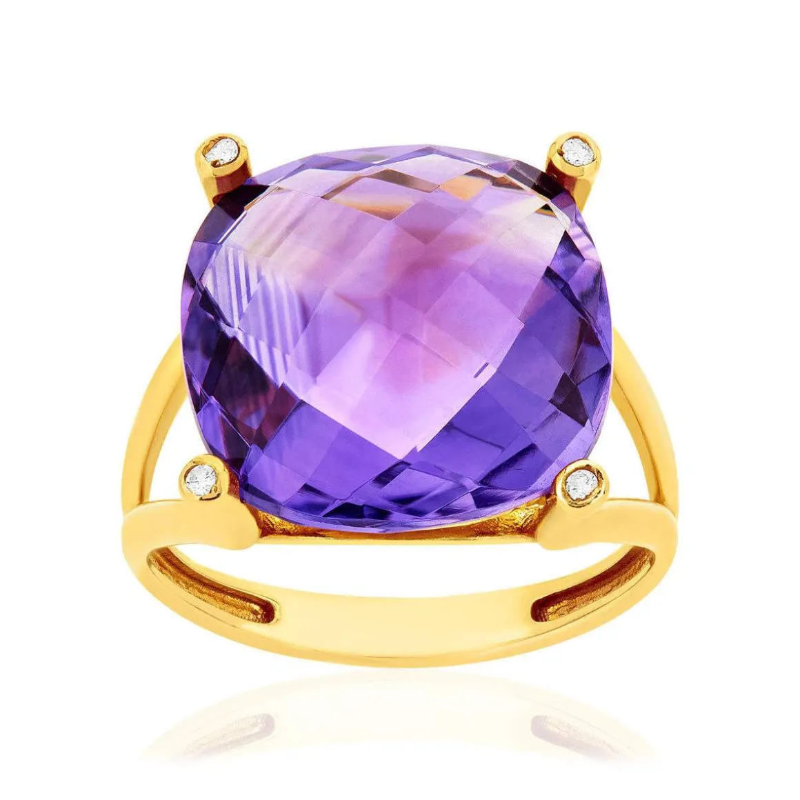 Bague or 375 jaune améthyste et diamants