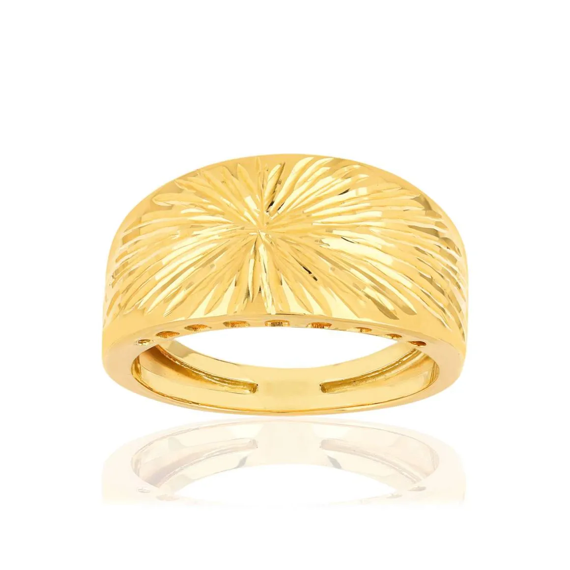 Bague or jaune 375, ciselé, motif soleil.