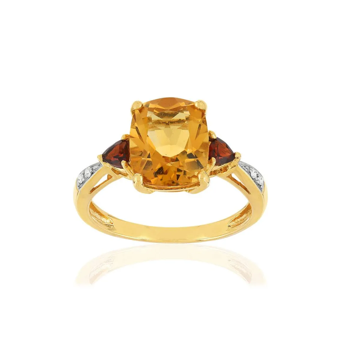 Bague or jaune 375, citrine, grenats, diamants.
