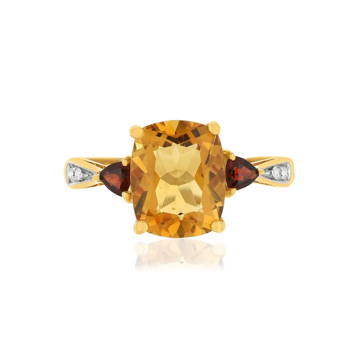 Bague or jaune 375, citrine, grenats, diamants.