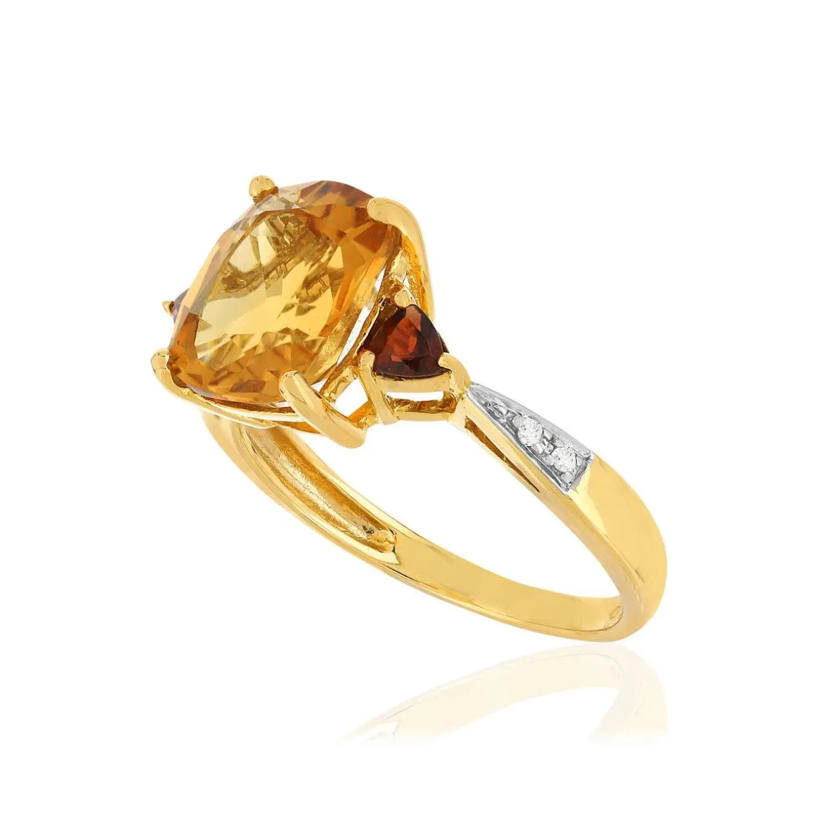 Bague or jaune 375, citrine, grenats, diamants.