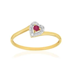 Bague or 375 jaune coeur rubis et diamants