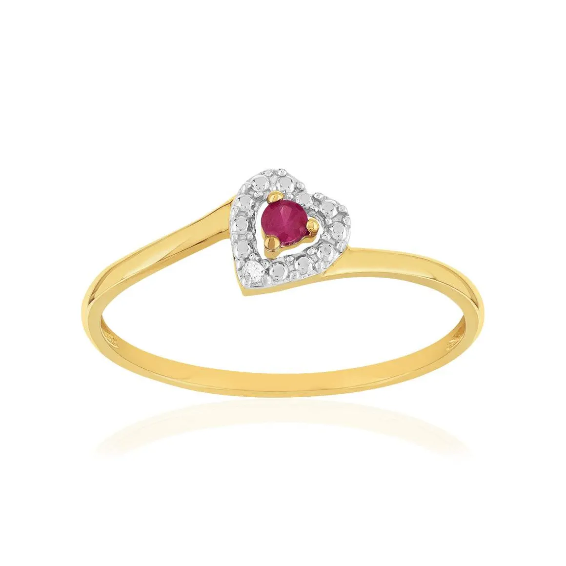 Bague or 375 jaune coeur rubis et diamants