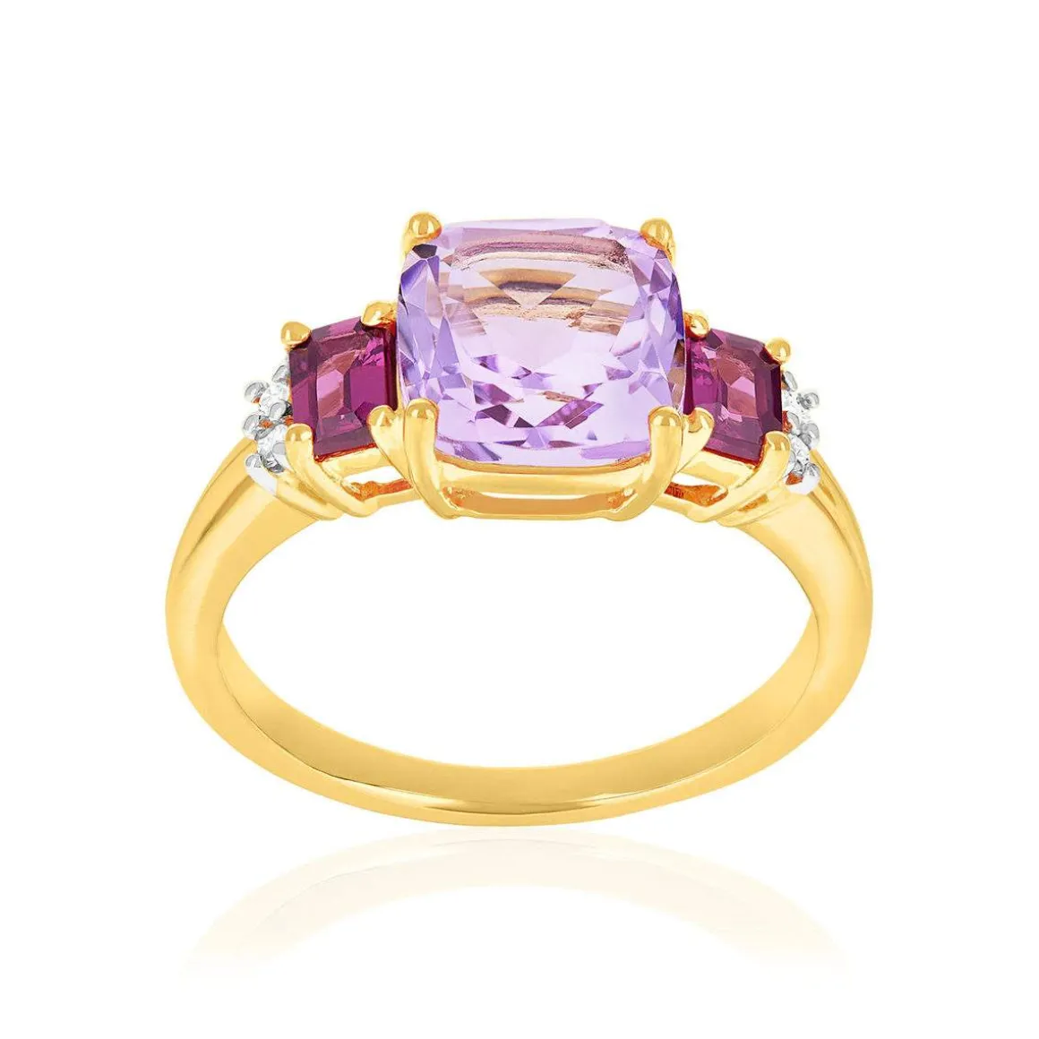 Bague or 375 jaune diamants, améthyste et grenats rhodolites
