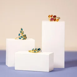 Bague or 375 jaune diamants et topazes bleues traitées