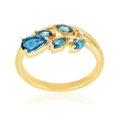 Bague or 375 jaune diamants et topazes bleues traitées