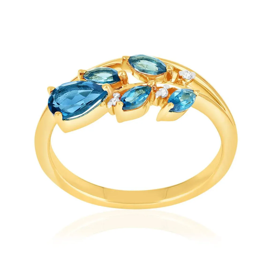 Bague or 375 jaune diamants et topazes bleues traitées