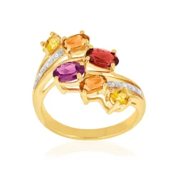 Bague or 375 jaune diamants grenat, grenat rhodolites et citrine