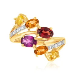 Bague or 375 jaune diamants grenat, grenat rhodolites et citrine